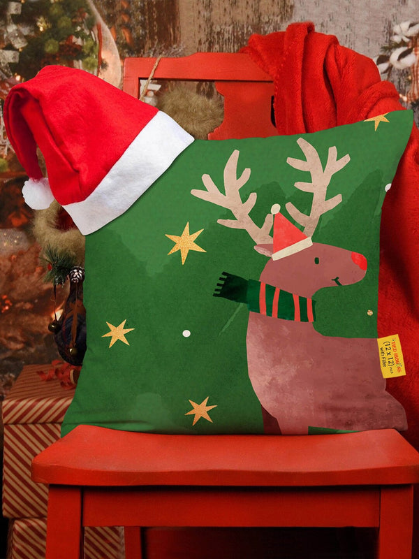 Multicoloured Christmas Printed Cushion Cover With Filler & Santa Cap