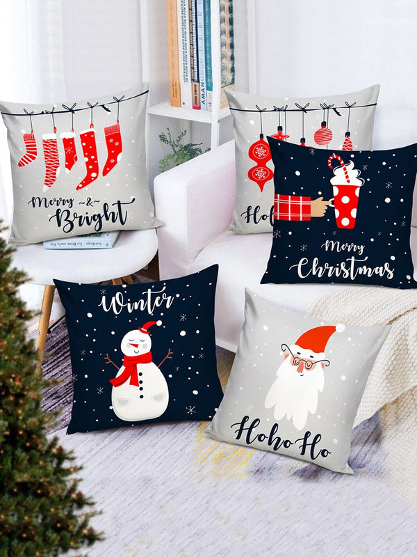 Multicoloured Set of 5 Christmas Decoration Printed Square Cushion Covers