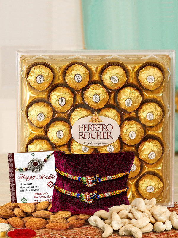 Rakhi Gift for Brother with Dry Fruits and Chocolates Gift Combo - Set of 2 Premium Peacock Rakhi with Cashew, Almonds and Chocolates Gift Pack