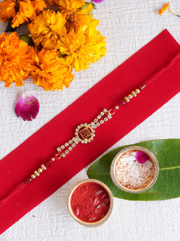 Red & Gold-Toned Embellished Rakhi with Roli Chawal