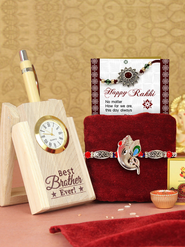 Rakhi for Brother with Gift Wooden Pen Stand with Pen and Greeting Card (USA)