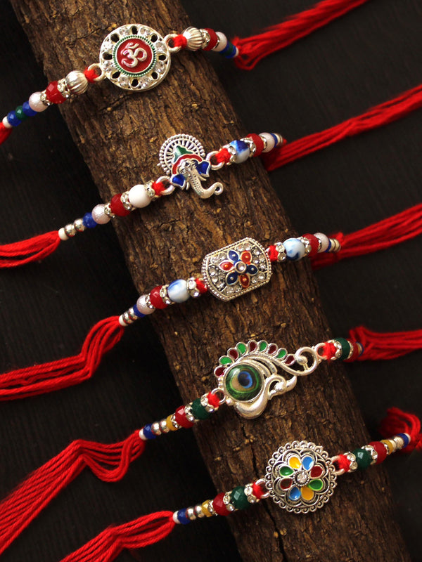 Rakhi for Brother Set of 5 - Premium Silver Rakhis for Men Brother Bhaiya Kids Boys with Greeting Card and Tikka - Rakhi Bracelet for Brother