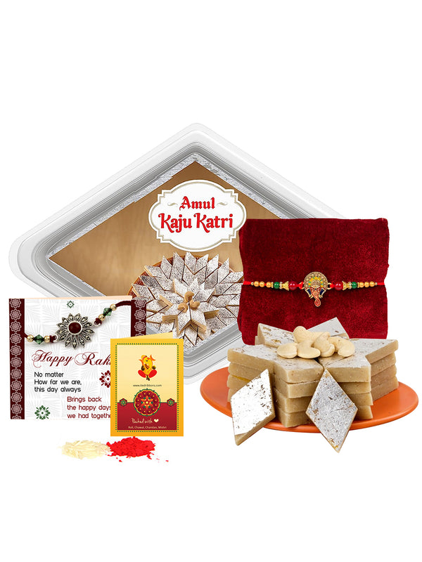 Rakhi Gifts for Brother with Sweets - Premium Rakhi with Kaju Katli Gift Pack Mini Greeting Card and Roli Chawal