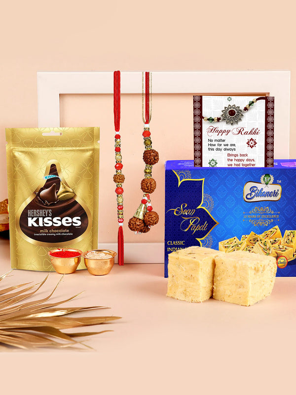 Premium Lumba Rakhi Set of 2 for Bhaiya Bhabhi with Chocolate Soan Papdi Card and Tikka - Bracelet Rakhi for Brother and Bhabhi