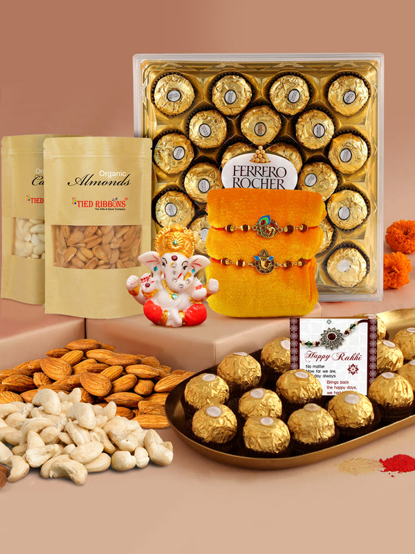 Rakhi Gift for Brother with Dry Fruits and Chocolates Gift Combo - Set of 2 Premium Rakhi with Cashew, Almonds and Chocolates Gift Pack