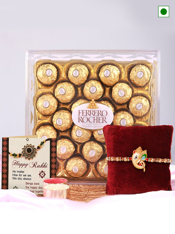 Designer Ganesha Rakhi | Ferrero Rocher Chocolate (24 pcs) | Rakhi Card & Roli Chawal