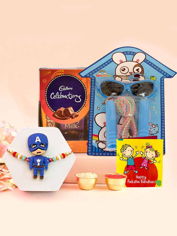 Rakhi for Kids with Chocolates Gift Pack Glass and Jumping Rop Gift Set