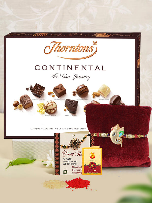 Gleaming Lord Ganesha Rakhi With Thorntons Continental Dark Chocolate Gift