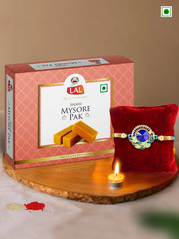 Premium Peacock Rakhi for Brother Bhaiya Kids Boys Men with Mysore Pak Card & Roli Chawal
