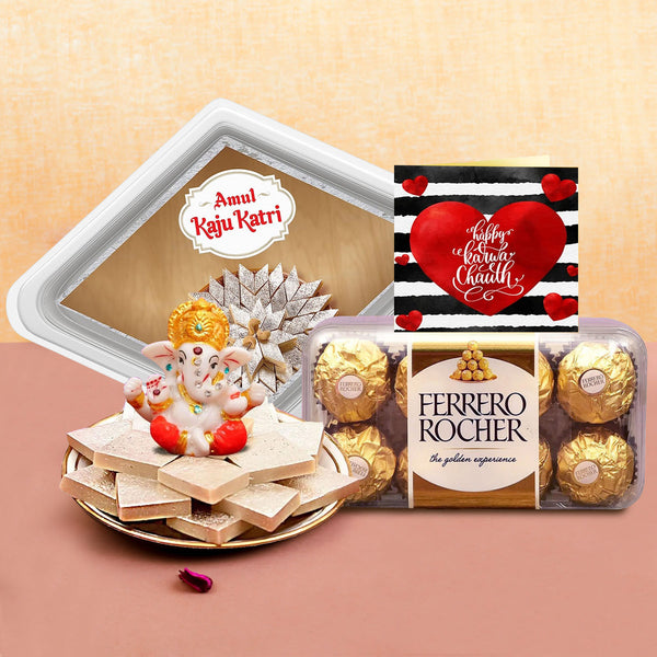 Karwa Chauth Chocolate Gift Box with Kaju Katli Ganesha Idol and Mini Card