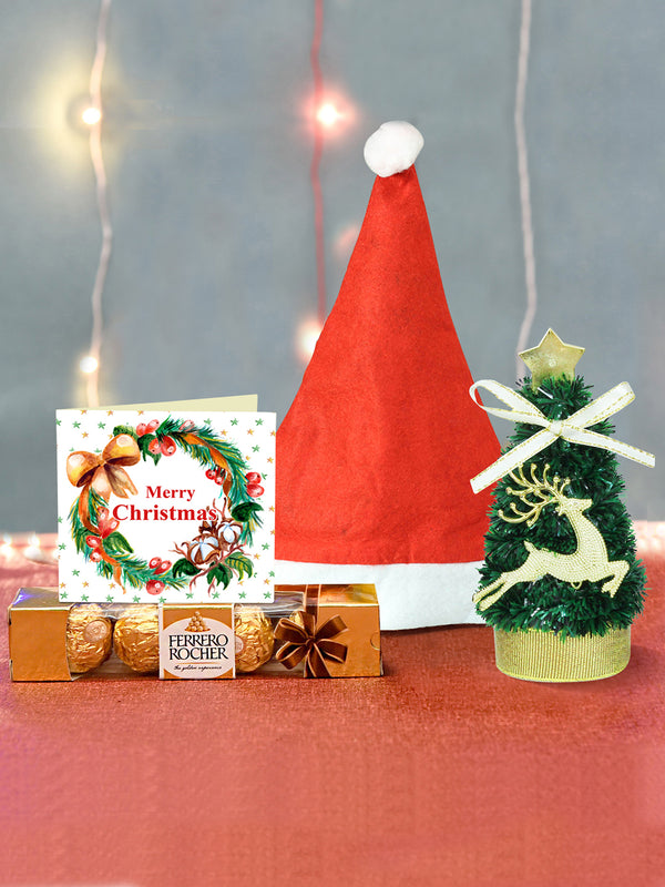 Christmas Ferrero Rocher Chocolate (4 pcs) Gift Hamper with Xmas Mini Table Tree Small Cap and Greeting Card