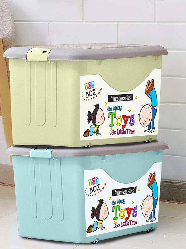 Storage Box Container with Closing lid, Wheels and Side Locking Handles Organizer (Multicolour, Full) Set of 2