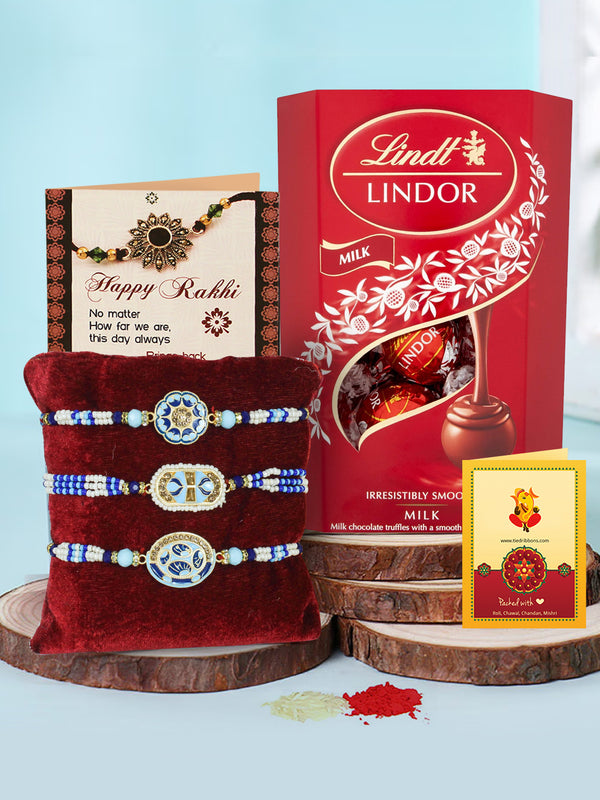 Set of 3 Divine Antique Pearl Rakhi With Lindt Lindor Milk Chocolate Truffles Box