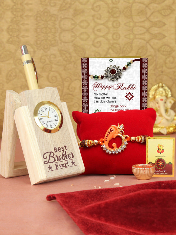 Rakhi for Brother with Gift Wooden Pen Stand with Pen and Greeting Card, Roli Tika