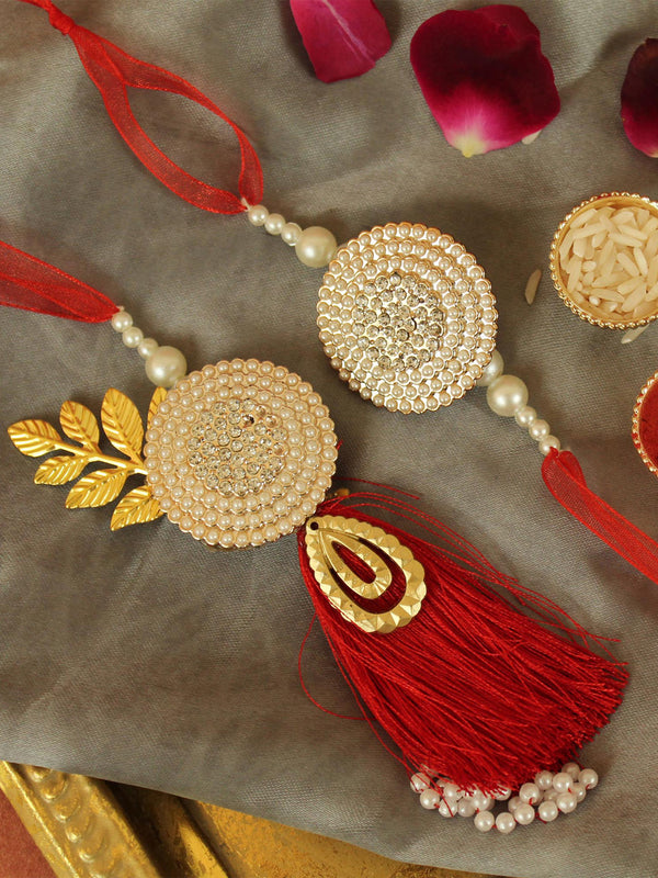 Premium Pearl Lumba Rakhi Set of 2 for Bhai Bhabhi with Greeting Card and Tikka - Bracelet Rakhi for Brother and Bhabhi