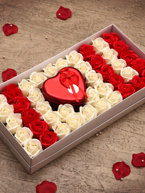 2-Pcs Red & Off-White Flowers With Heart Box Valentine Home Gift Set