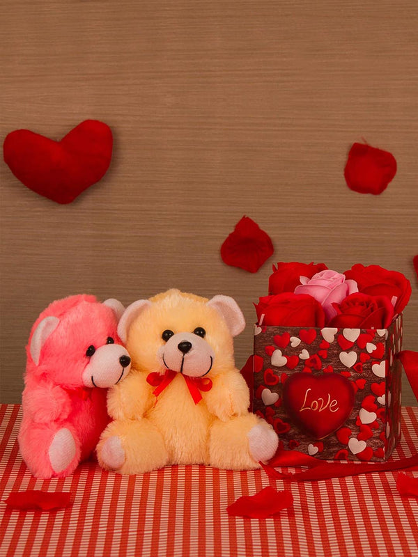 Love Gift Pack (2 Cute Teddy Bear, Scented Rose Flowers)