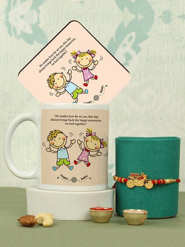 Rakhi for Brother with Gift Set, Milk Mug (325 ml), Coaster, Mini Card and Roli Chawal Tika