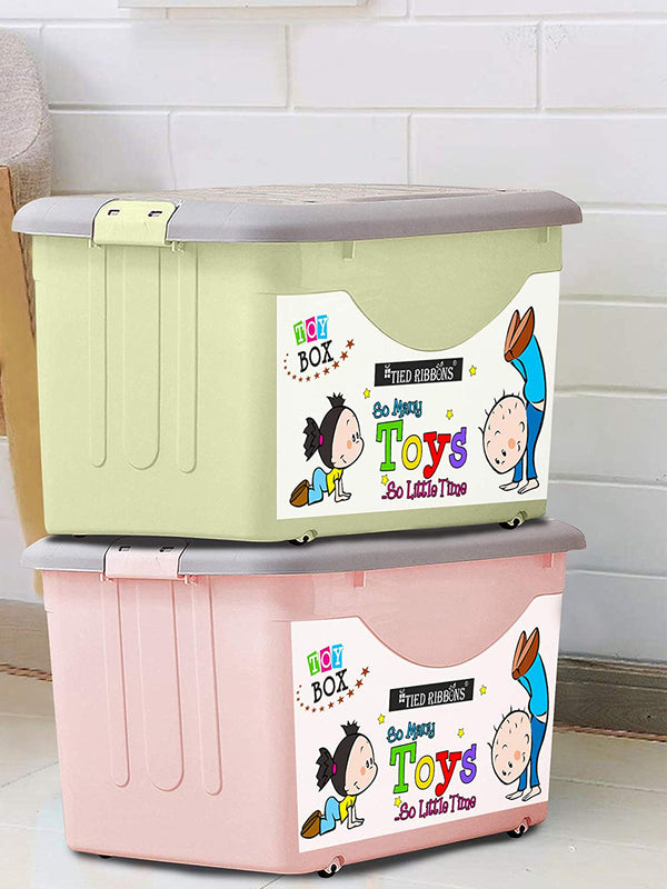 Set of 2 Kids Storage Box Container with Closing lid, Wheels and Side Locking Handles