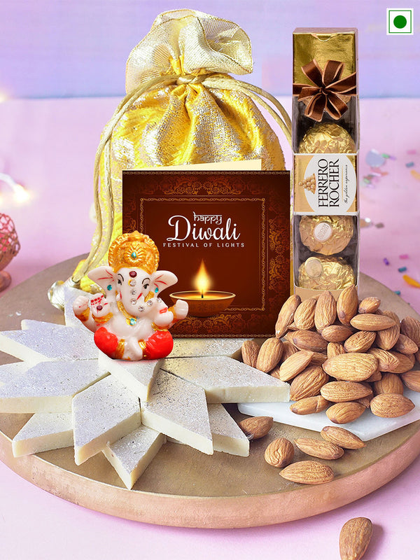 Diwali Combo Gifts with Sweets Kaju Katli Chocolates Almonds Idol & Card