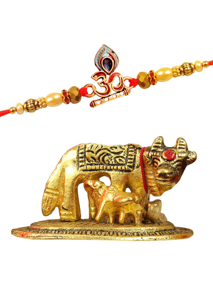 Buy | Designer Om Rakhi for Brother with Cow Statue | Tied Ribbons