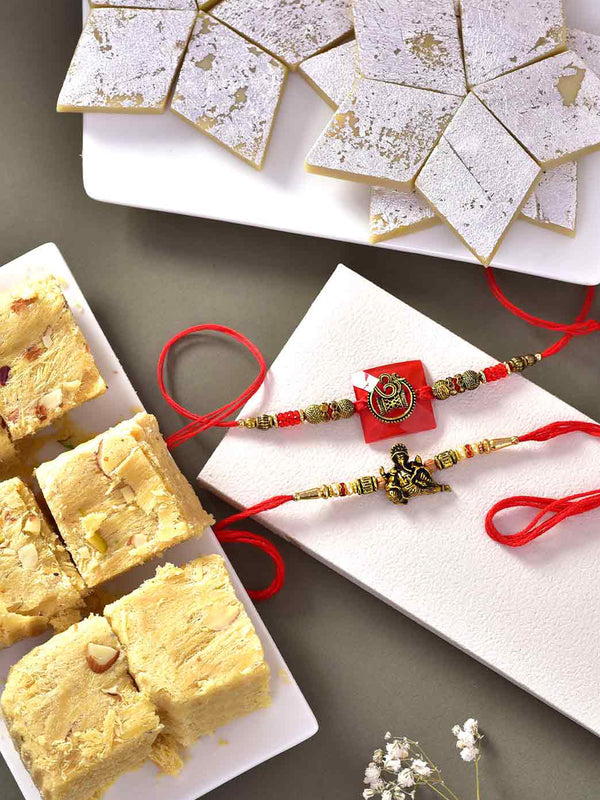 2 Premium Om and Ganesha Rakhi for Brother with Soan Papdi Sweet Box