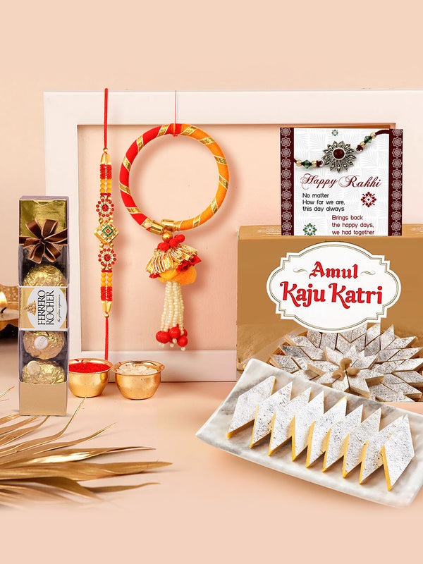 Rakhi for Brother and Bhabhi with Chocolate and Sweets Gift Hamper - Lumba Rakhi Set of 2 for Bhai Bhabhi with Kaju Katli Chocolate Card and Tikka - Bracelet Rakhi for Brother and Bhabhi