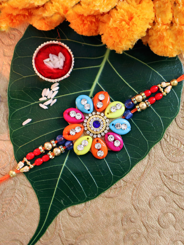 Designer Stoned-Studded Floral Rakhi | Rakhi Card & Roli Chawal Tika Packet