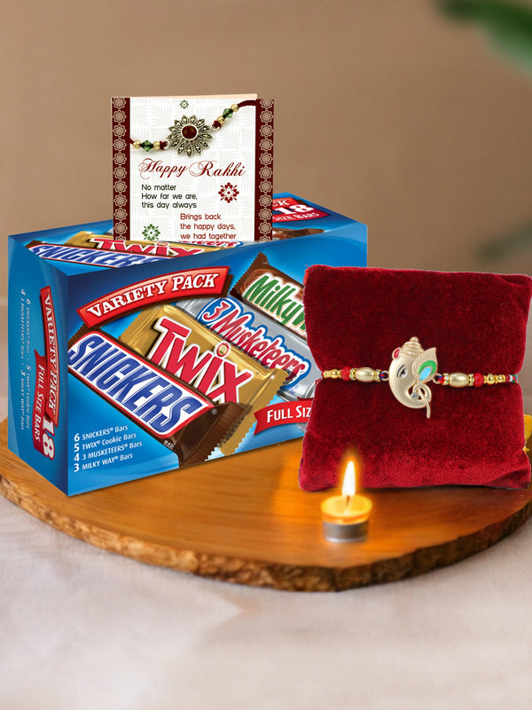 Ganesha Antique Metal Rakhi With Snickers, Twix, 3 Musketeers & Milky Way Full Size Bars