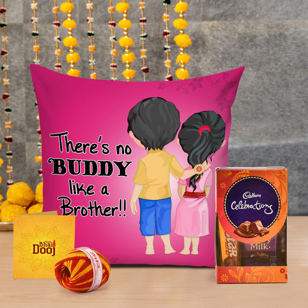 Bhaiya Dooj Gift  Printed Cushion Cover with Filler (12*12 inch) with Cadbury Celebration Chocolate, Kalawa & Roli Chawa