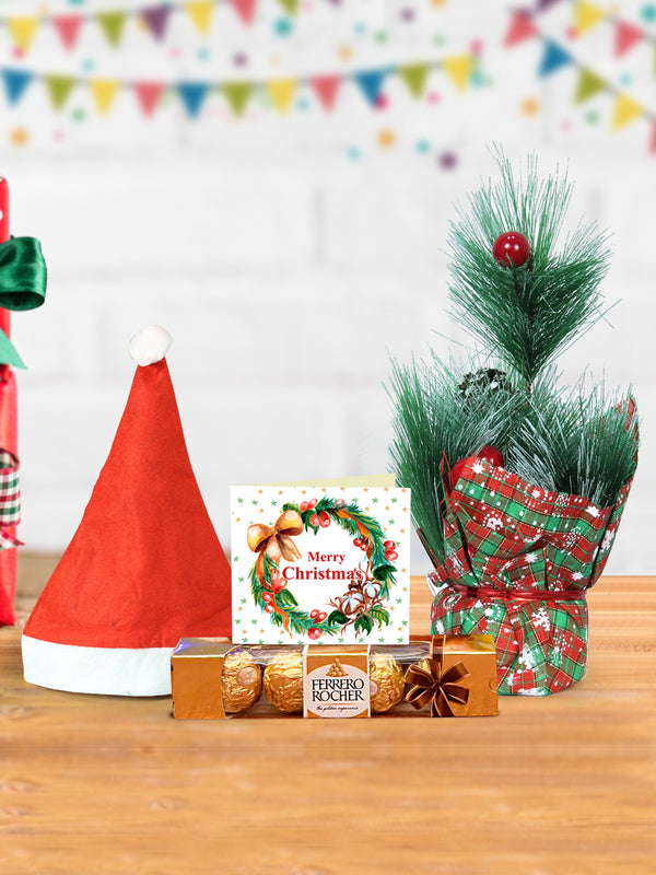 Christmas Ferrero Rocher Chocolate (4 pcs) Gift Hamper with Xmas Mini Table Tree Small Cap and Card