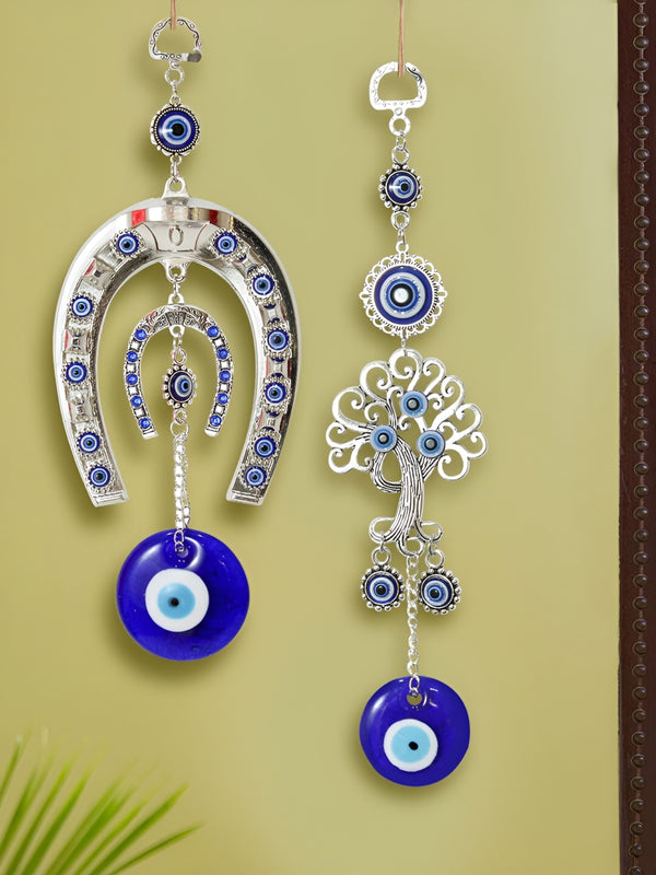 Blue 2 Pcs Horse Shoe & Tree Of Life Evil Eye Wall Car Hangings