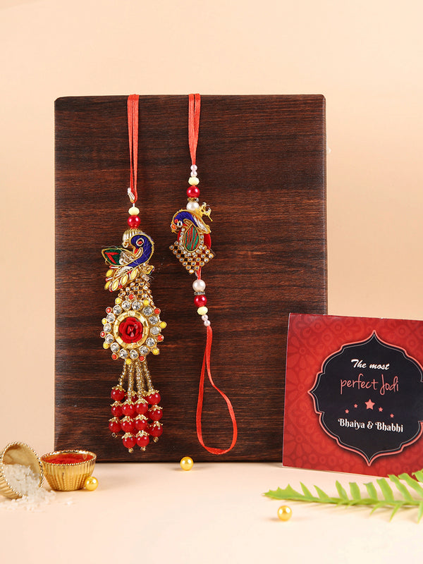 Raksha Bandhan Rakhi for Brother and Bhabhi with Mini Greeting Card and Roli Chawal Tika