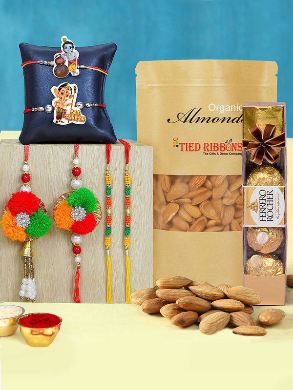 Rakhi for Brother and Bhabhi with Gifts - Set of 6 Premium Brother Bhabhi and Kids Rakhi Set with Chocolates and Almonds Roli Chawal and Mini Greeting Card - Family Rakhi Set