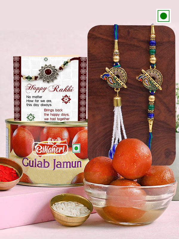 Rakhi for Brother and Bhabhi with Sweets - Premium Lumba Rakhi Set for Bhaiya Bhabhi with Gulab Jamun Box, Card and Tikka Hamper