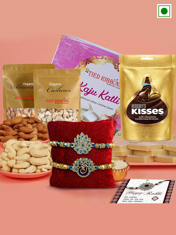 Set of 2 Designer Rakhi with Sweets, Chocolate, Dry Fruits Combo