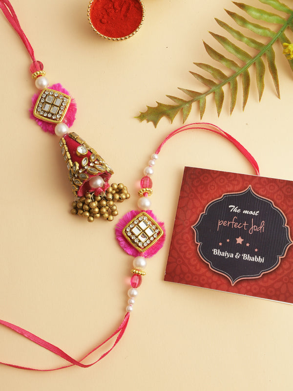 Set of 2 Rakhi for Bhaiya Bhabhi, Card and 1 Roli Chawal Combo
