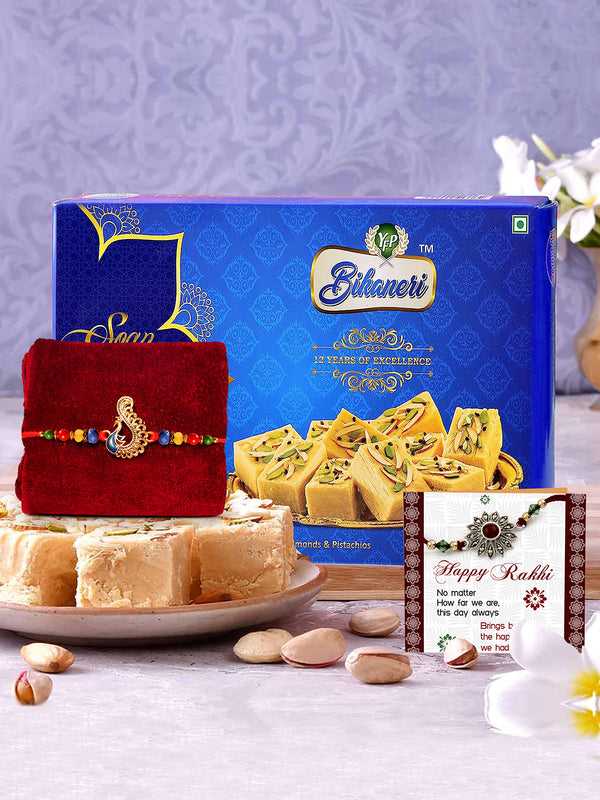 Premium Lumba Rakhi Set of 2 for Bhaiya Bhabhi with  Soan Papdi Card and Tikka - Bracelet Rakhi