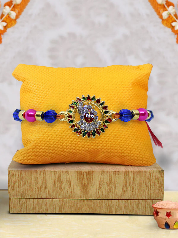Multicolor Designer Krishna Rakhi comes with Rakhi Card & Roli Chawal Tika Packet