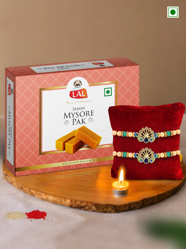 Rakhi for Brother with Gift Sweets Hamper - Premium Peacock Rakhi Set of 2 for Brother Bhaiya Kids Boys Men with Mysore Pak Card & 1 Roli Chawal