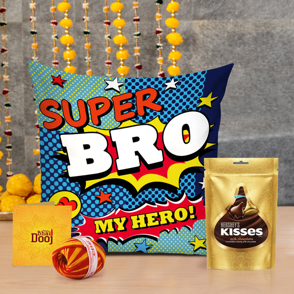 Bhai Dooj Combo Pack Printed Cushion Cover with Filler (12*12 inch) with Hershey's Kisses Chocolate, Kalawa & Roli Chawa