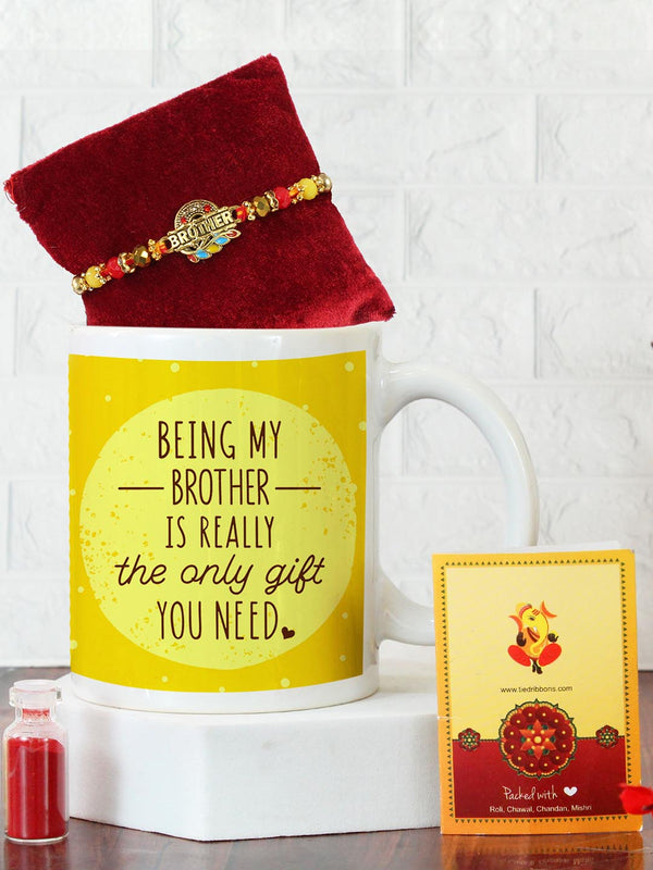 Designer Rakhi with Mug for Brother and Roli Chawal Pack, Raksha Bandhan Greeting Card