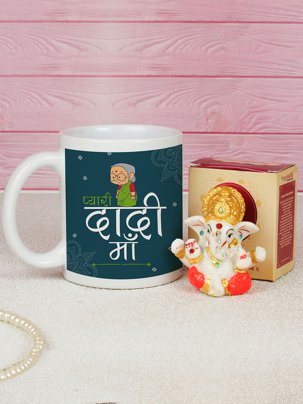 Pyaari Dadi Maa Printed Ceramic Coffee Mug with Mini Ganesha Idol Statue Showpiece