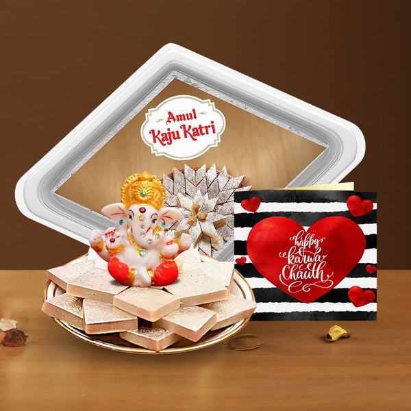 Mini Ganesha Idol Statue with Kaju Katli and Karwa Chauth Mini Card Hamper