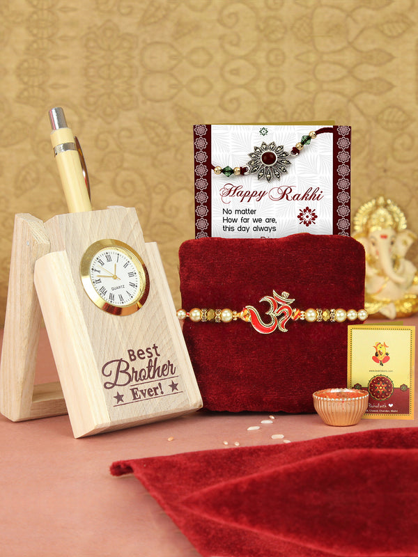 Rakhi for Brother with Gift Wooden Pen Stand with Pen and Mini Card, Roli Tika