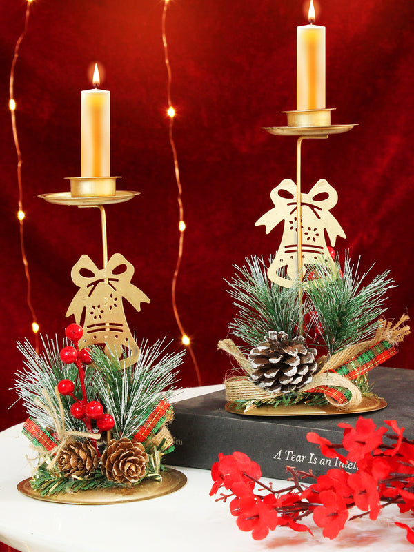 Set of 2 Christmas Table Centerpieces Jingle Bell Candle Holder with Red Berries