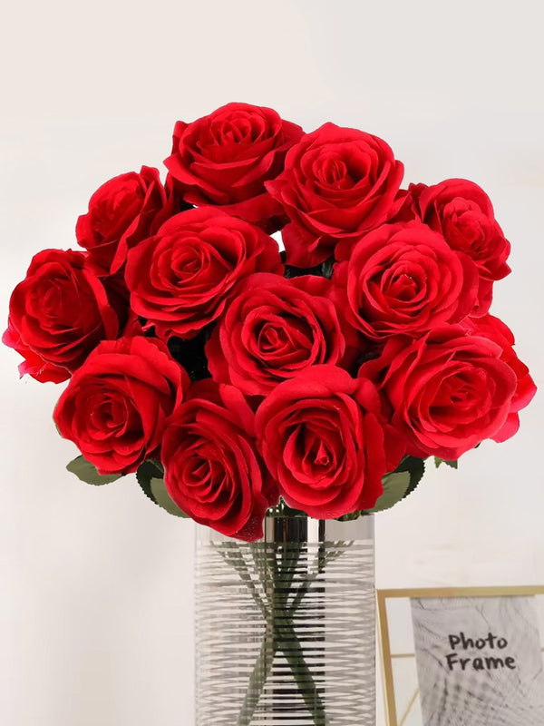 Set Of 12 Red  Artificial Rose Flowers Without pot