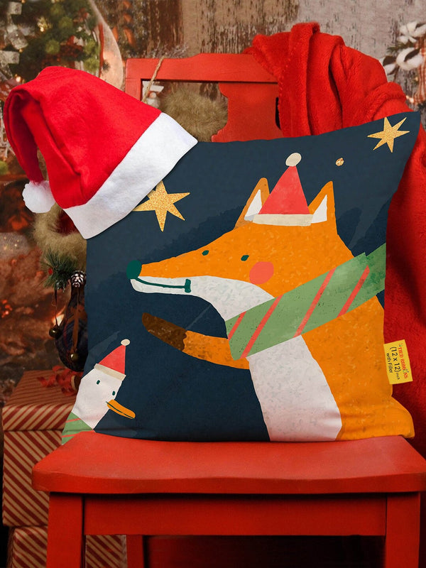 Navy Blue & Orange Christmas Printed Cushion Cover With Filler & Santa Cap