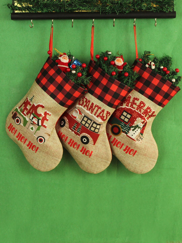 Set Of 3 Cream-Colored & Red Patterned Fabric Stockings Christmas Tree Ornament