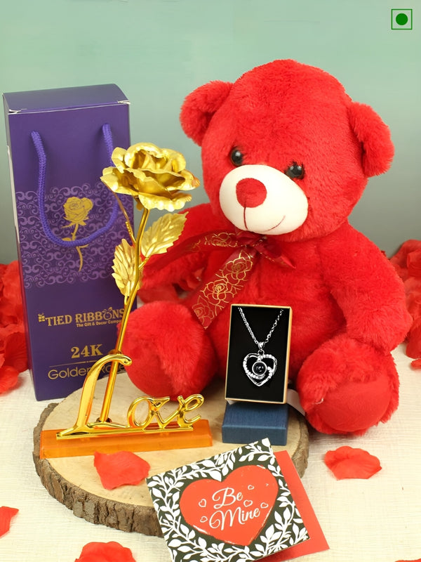 Love Pendant Teddy Bear Artificial Golden Rose Flower with Love Stand and Greeting Card